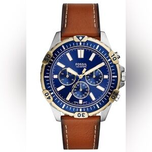 Fossil Navy  Gold Chronograph Watch with Brown Leather Classic Mens  Strap